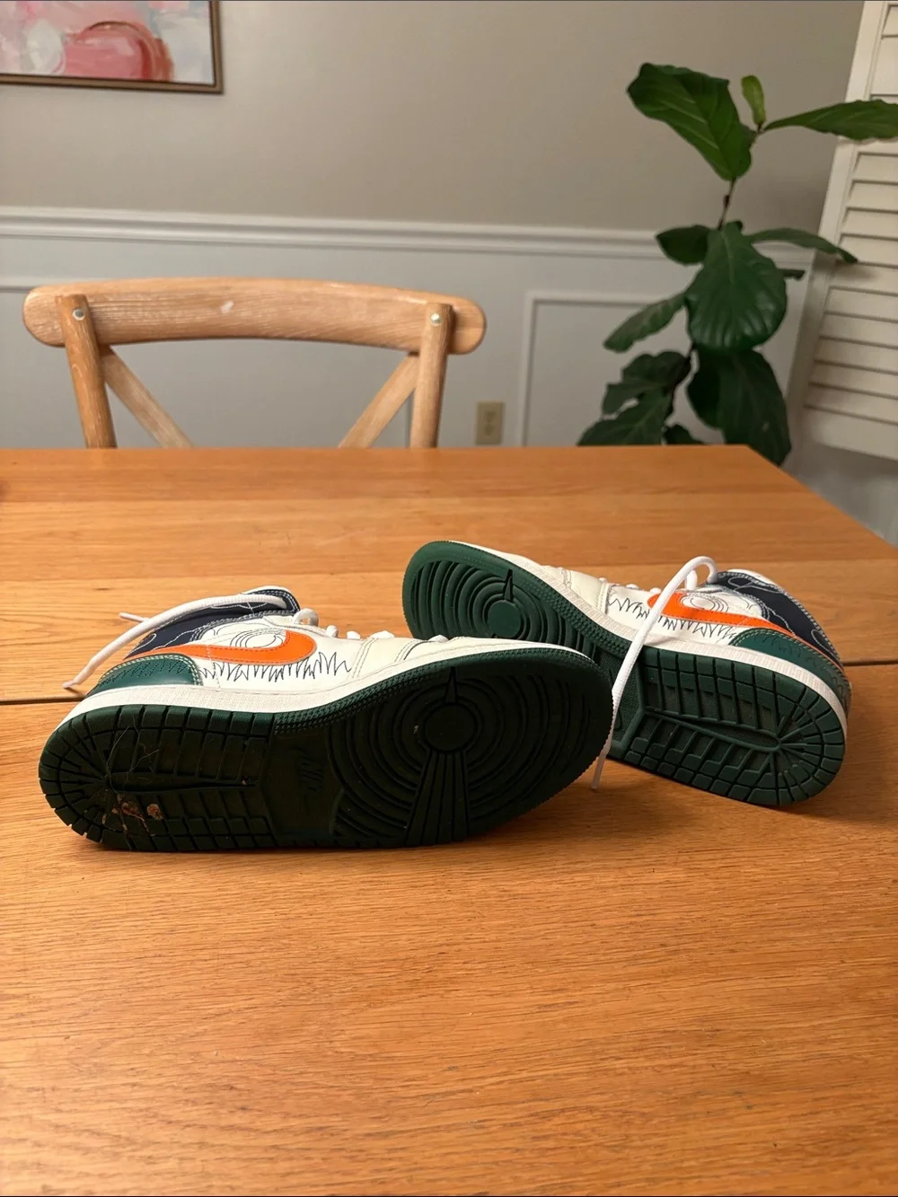 Kids White and Orange Basketball Shoes with Green Accent - Nike High Tops